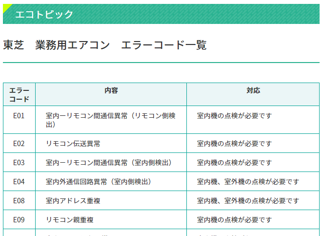 東芝 業務用エアコン エラーコード一覧 | 株式会社エコ・プラン